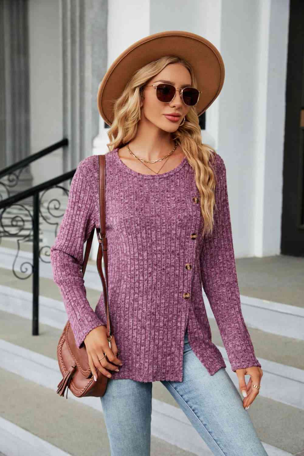 Buttoned Long Sleeve Slit Top - Tigbuls Variety Fashion