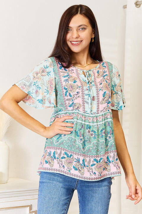 Double Take Floral Tie Neck Short Sleeve Blouse - Tigbuls Variety Fashion