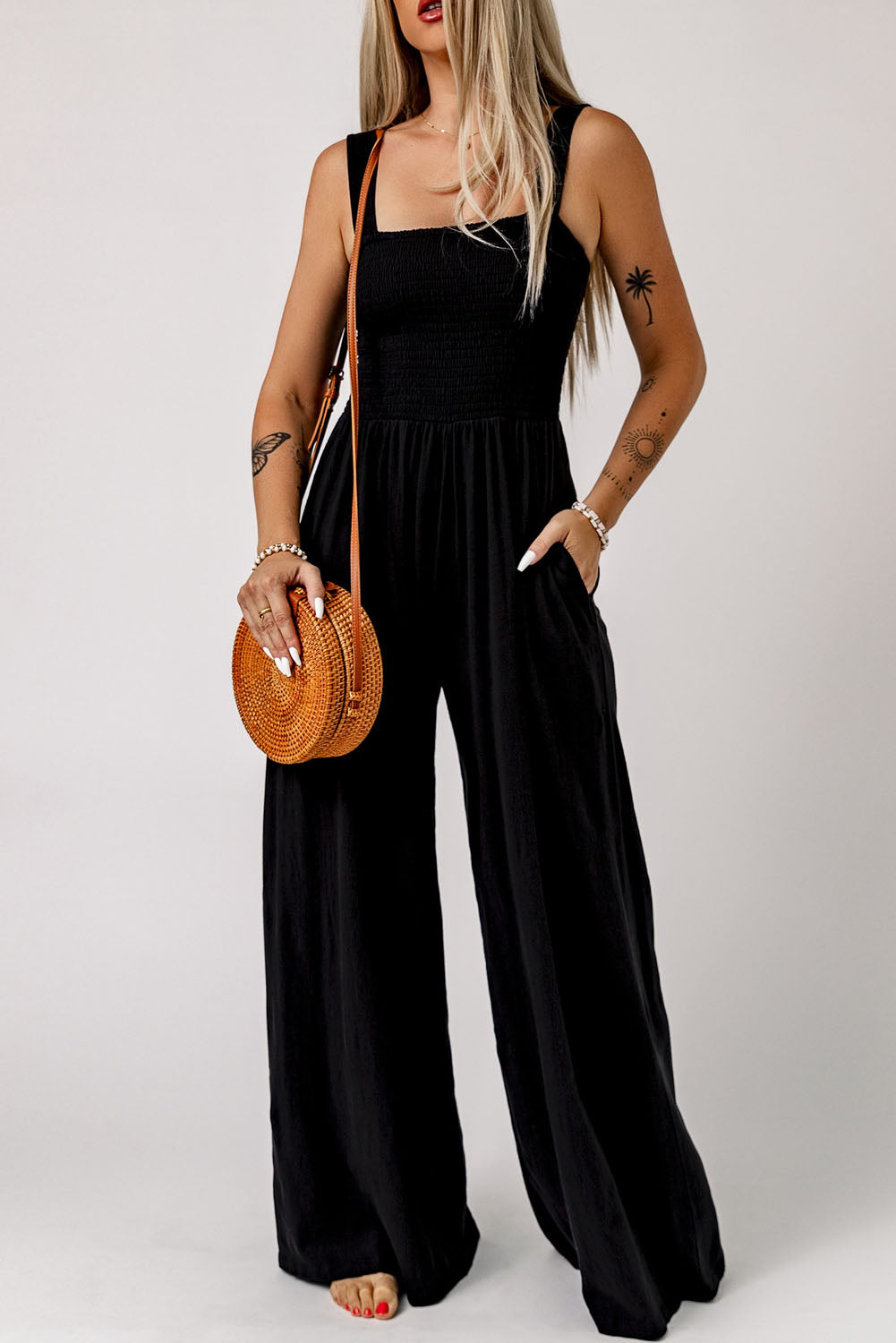 Smocked Square Neck Wide Leg Jumpsuit with Pockets - Tigbul's Fashion