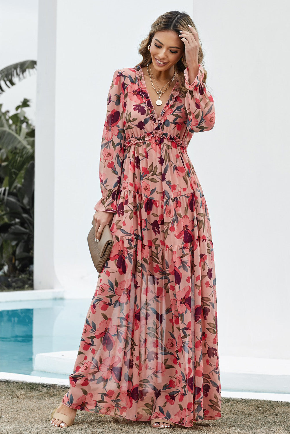 Floral Frill Trim Flounce Sleeve Plunge Maxi Dress - Tigbul's Fashion