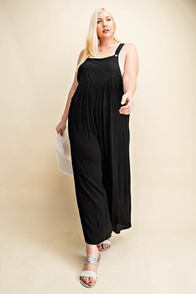 Kori America Full Size Sleeveless Ruched Wide Leg Overalls - Tigbuls Variety Fashion