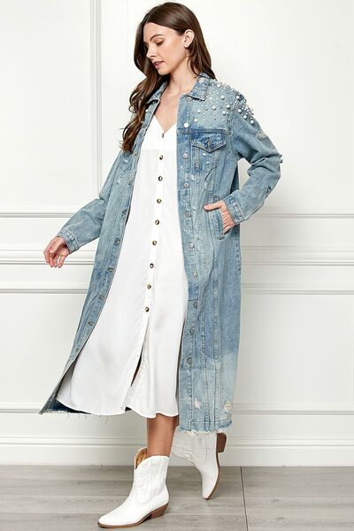 Veveret Full Size Distressed Raw Hem Pearl Detail Button Up Jacket - Tigbuls Variety Fashion