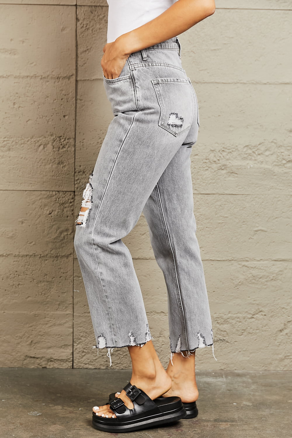 Gray High Waisted Cropped Mom Jeans - Tigbul's Fashion