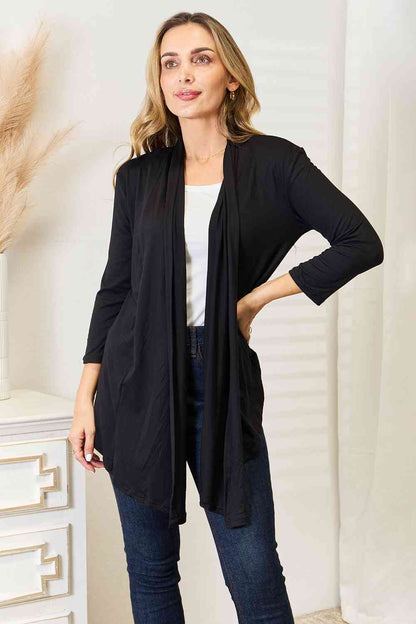 3/4 Sleeve Black Open Front Cardigan - Tigbuls Variety Fashion