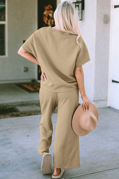 Texture Short Sleeve Top and Pants Set - Tigbuls Variety Fashion