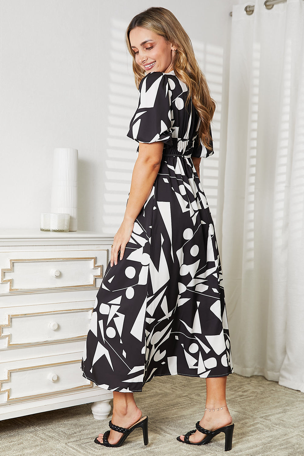 Double Take Printed Surplice Balloon Sleeve Dress - Tigbuls Variety Fashion