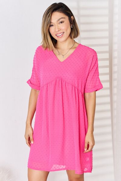 Zenana Swiss Dot Rolled Short Sleeve Babydoll Dress - Tigbuls Variety Fashion