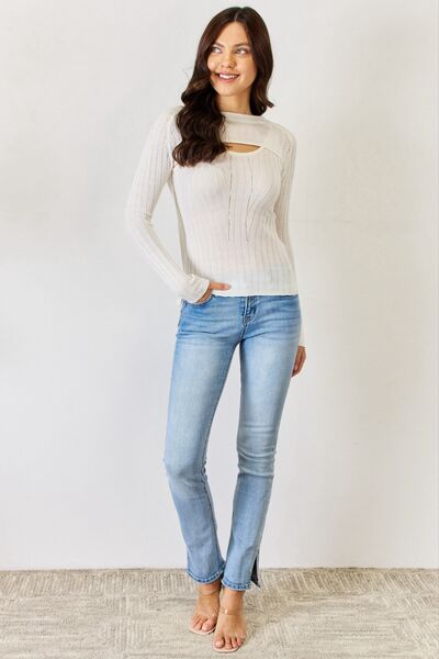 Cream Color Fitted Long Sleeve Cutout Top | Tigbuls Variety