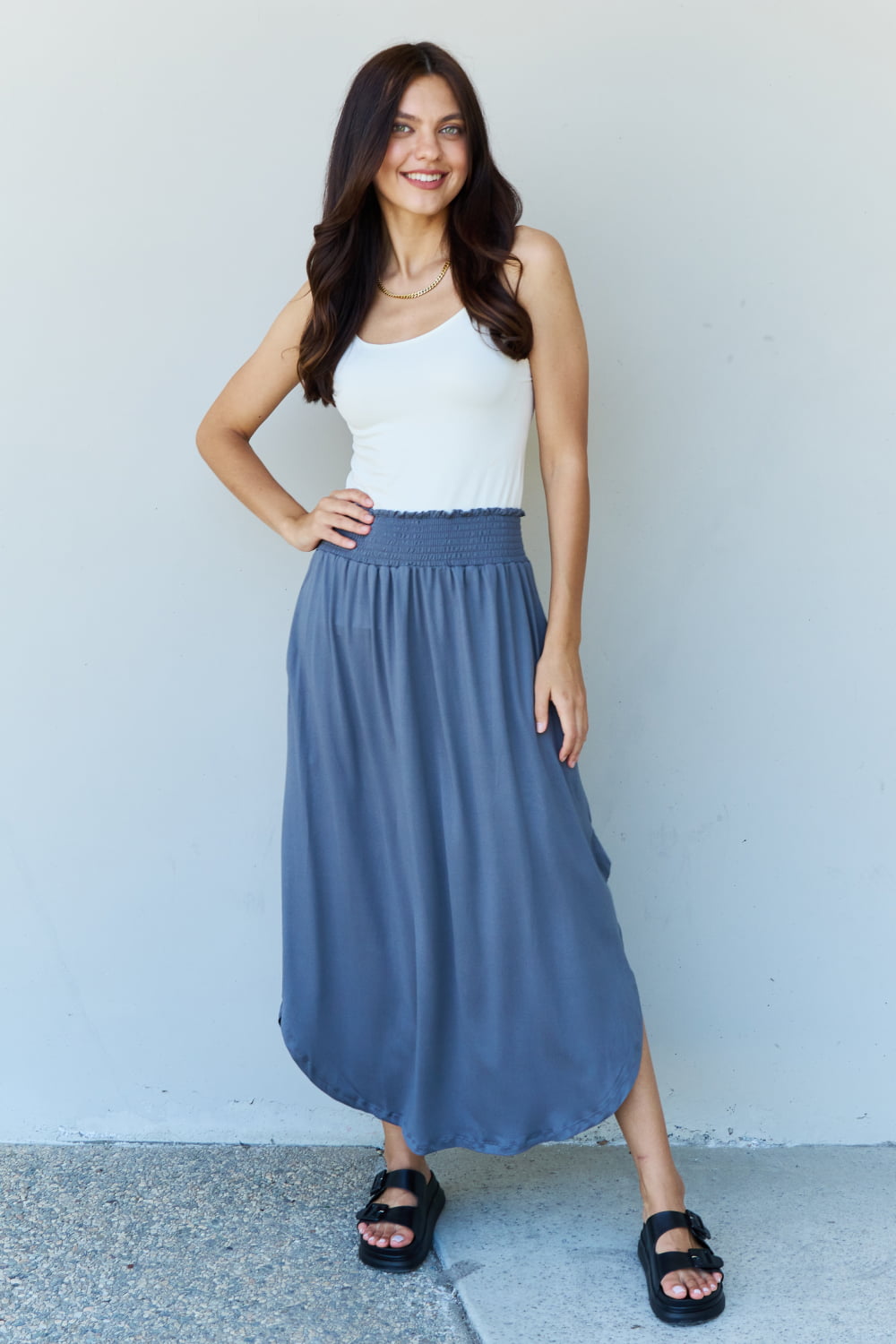 Doublju Comfort Princess Full Size High Waist Scoop Hem Maxi Skirt in Dusty Blue - Tigbul's Fashion