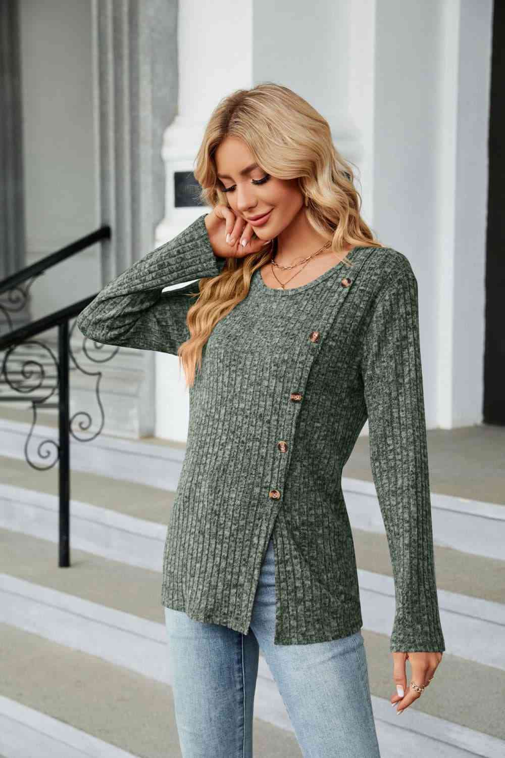 Buttoned Long Sleeve Slit Top - Tigbuls Variety Fashion