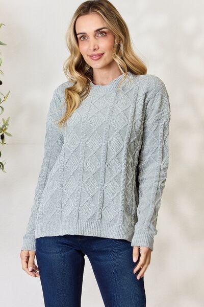 Cable Knit Round Neck Sweater in Sage - Tigbuls Variety Fashion