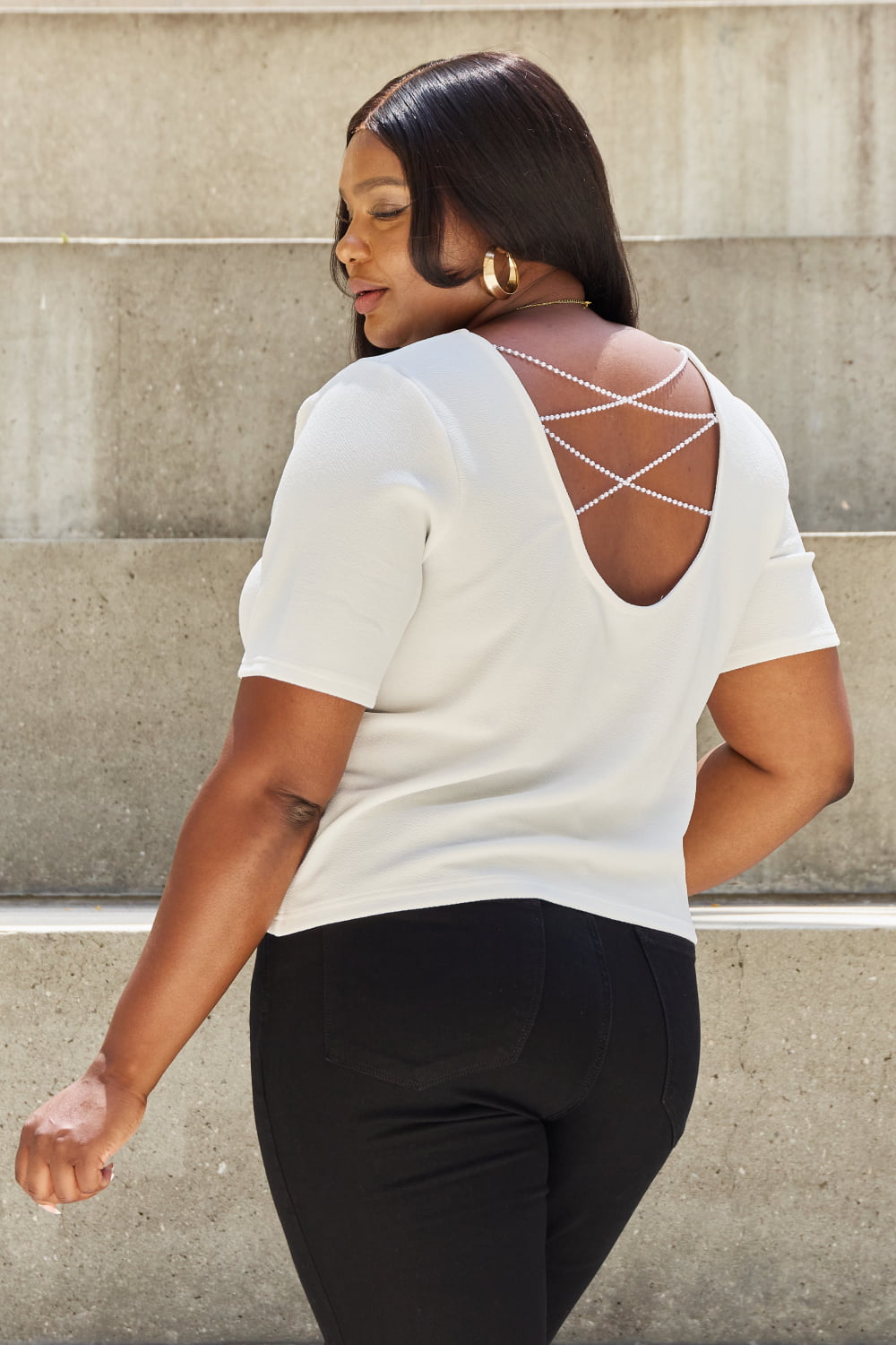 And The Why Pearly White Full Size Criss Cross Pearl Detail Open Back T-Shirt - Tigbul's Fashion