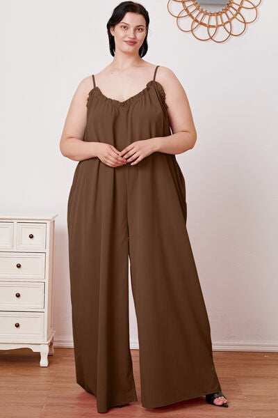 Full Size Ruffle Trim Tie Back Cami Jumpsuit with Pockets - Tigbuls Variety Fashion