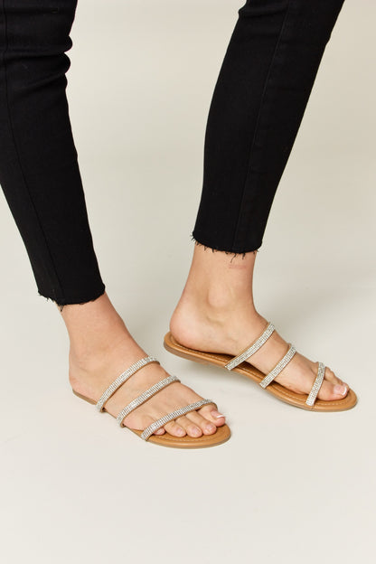 Tan Rhinestone Three-Strap Flat Sandals - Tigbuls Variety Fashion