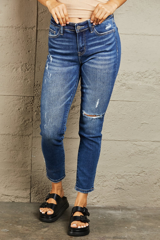 Mid Rise Dark Wash Distressed Slim Jeans | Tigbuls Variety Fashion
