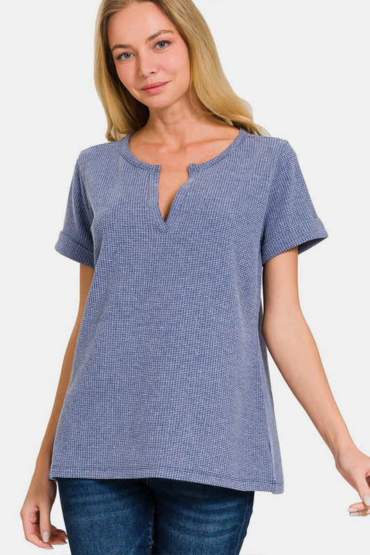 Notched Short Sleeve Waffle T-Shirt in Blue - Tigbuls Variety Fashion