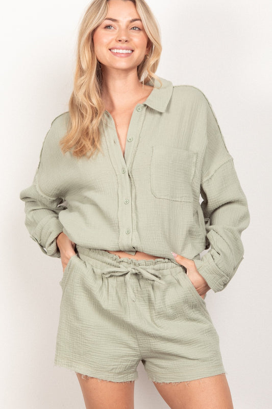 Sage Green Texture Button Up Shirt and Shorts Set - Tigbuls Variety Fashion