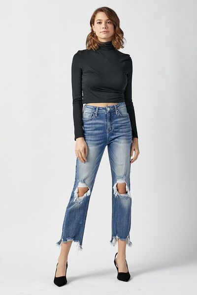 RISEN High Waist Distressed Frayed Hem Cropped Straight Jeans - Tigbuls Variety Fashion