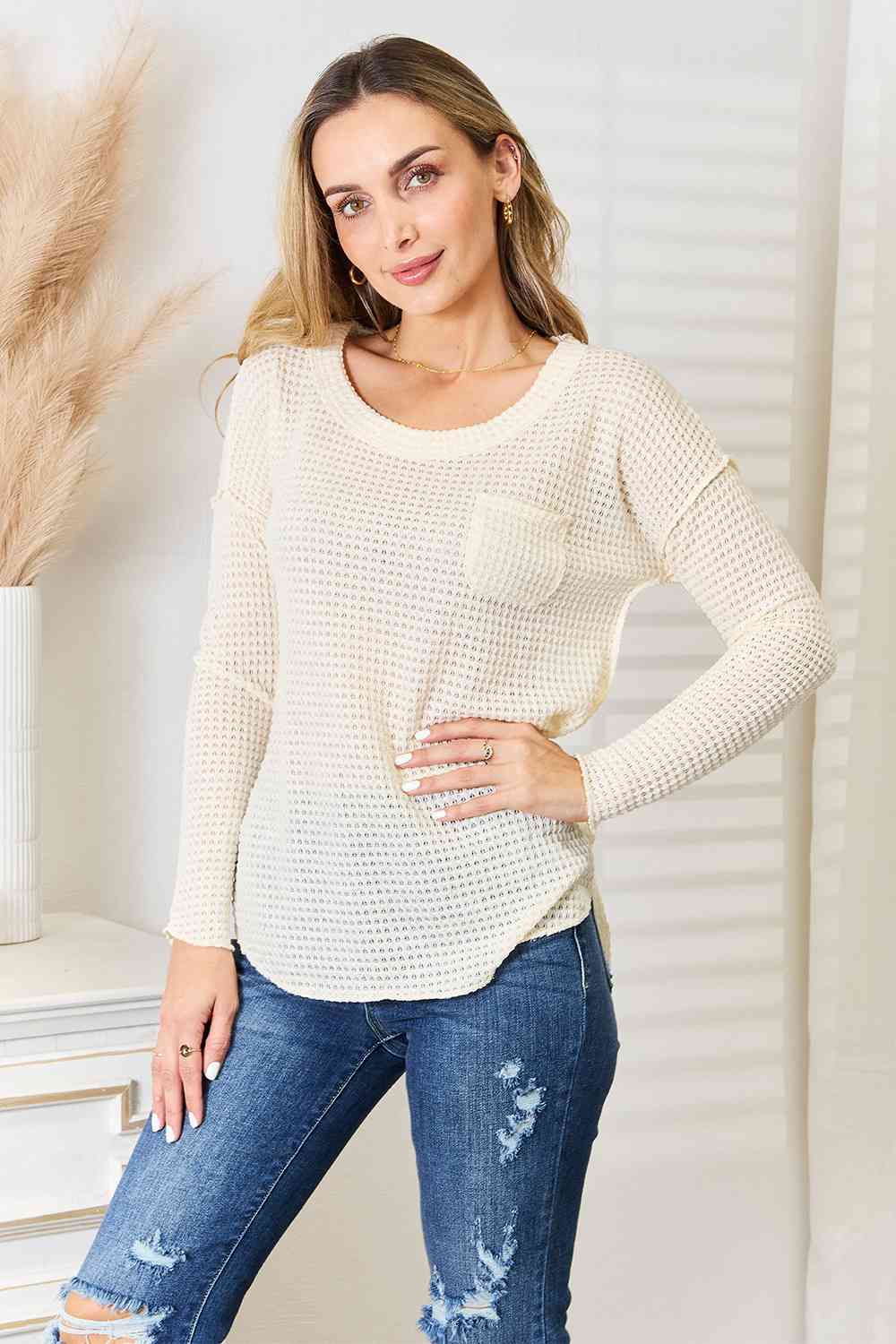 Cream Color Scoop Neck Patch Pocket Top | Tigbuls Variety Fashion