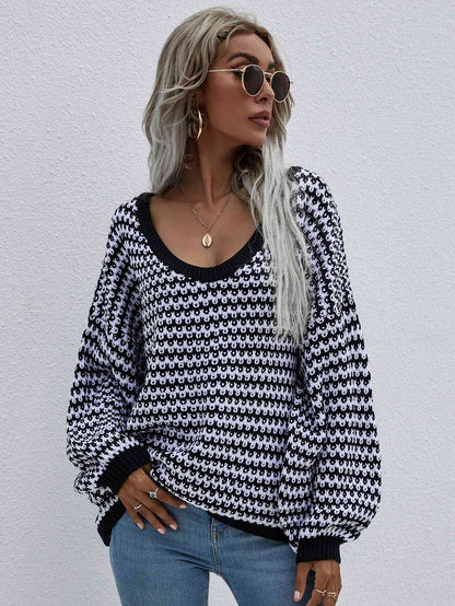 Striped Drop Shoulder V-Neck Pullover Sweater - Tigbuls Variety Fashion