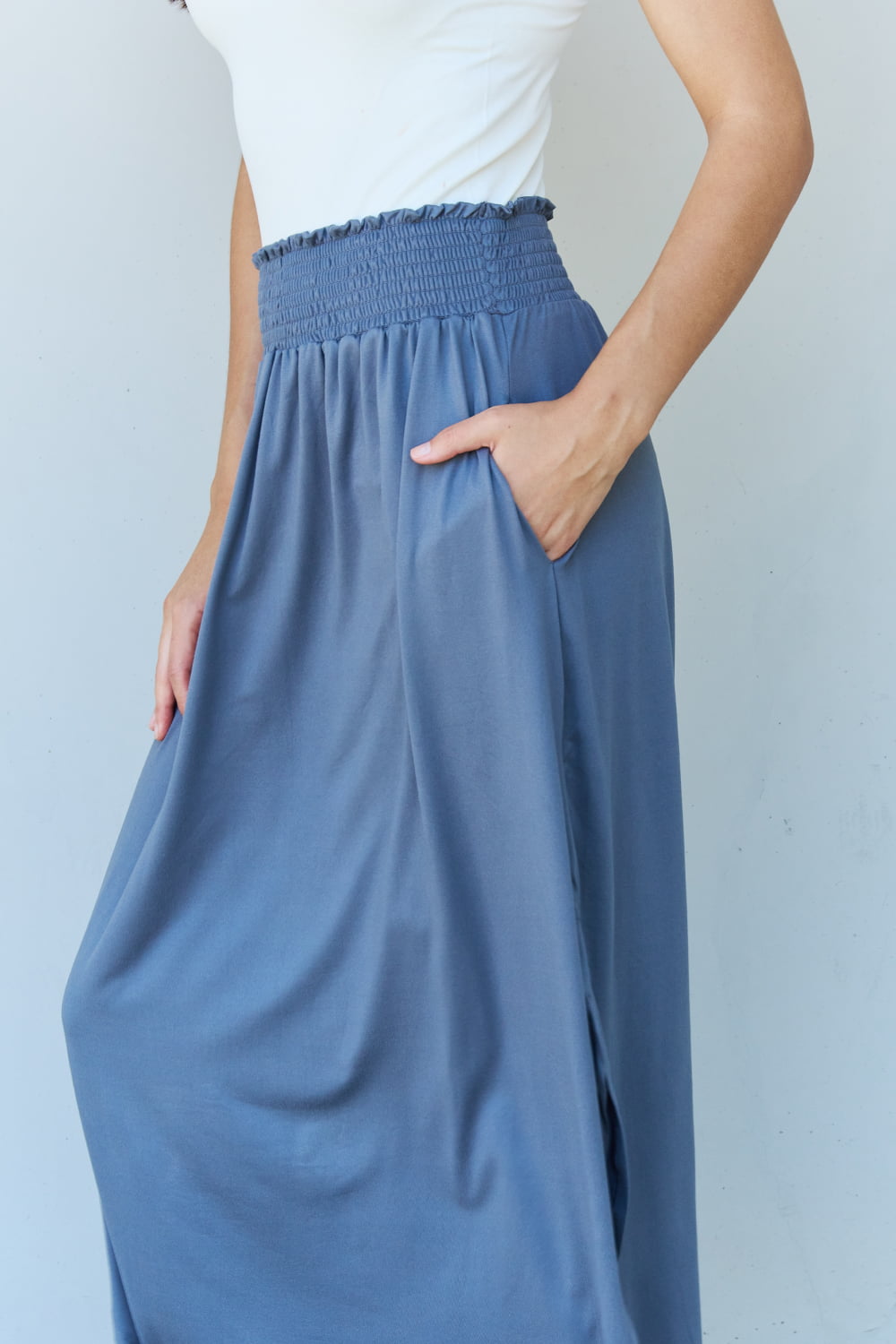 Doublju Comfort Princess Full Size High Waist Scoop Hem Maxi Skirt in Dusty Blue - Tigbul's Fashion