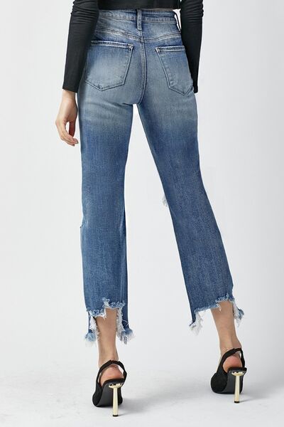 RISEN High Waist Distressed Frayed Hem Cropped Straight Jeans - Tigbuls Variety Fashion
