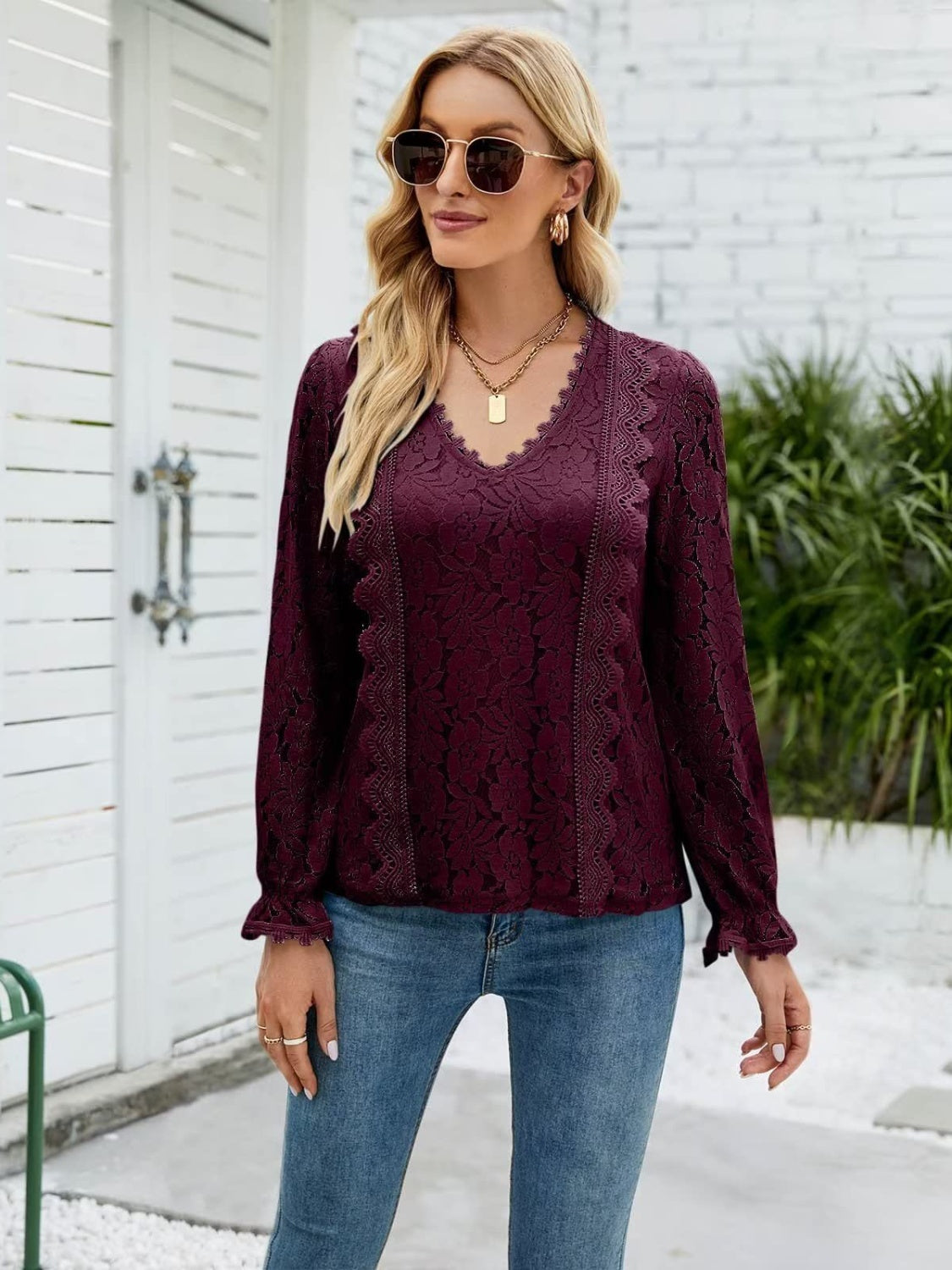 Lace V-Neck Flounce Sleeve Blouse - Tigbuls Variety Fashion