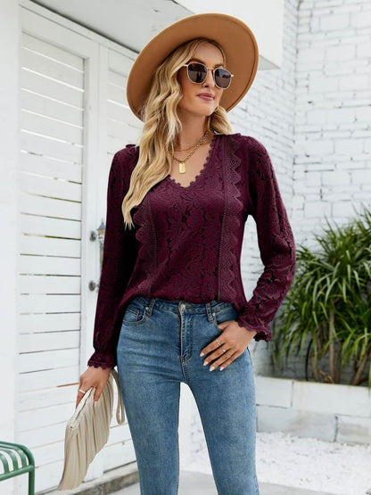 Lace V-Neck Flounce Sleeve Blouse - Tigbuls Variety Fashion