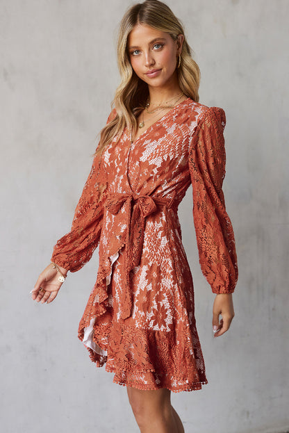 Pompom Trim Puff Sleeve Belted Lace Dress - Tigbul's Fashion