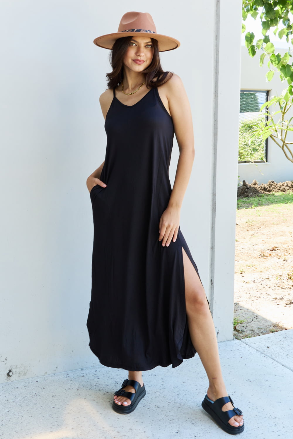 Ninexis Good Energy Full Size Cami Side Slit Maxi Dress in Black - Tigbul's Fashion