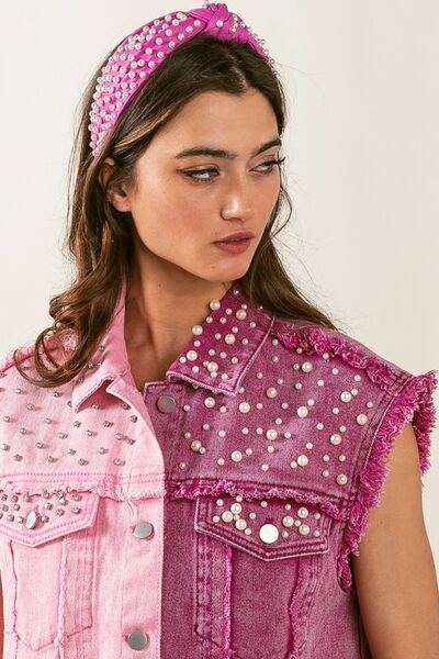 Pink Pearl & Rhinestone Detail Contrast Raw Hem Vest Coat - Tigbuls Variety Fashion