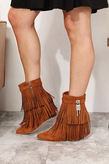 Tassel Wedge Heel Ankle Booties - Tigbuls Variety Fashion