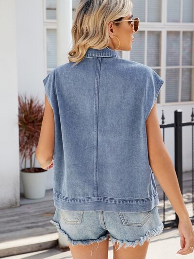 Pocketed Button Up Sleeveless Denim Jacket - Tigbuls Variety Fashion