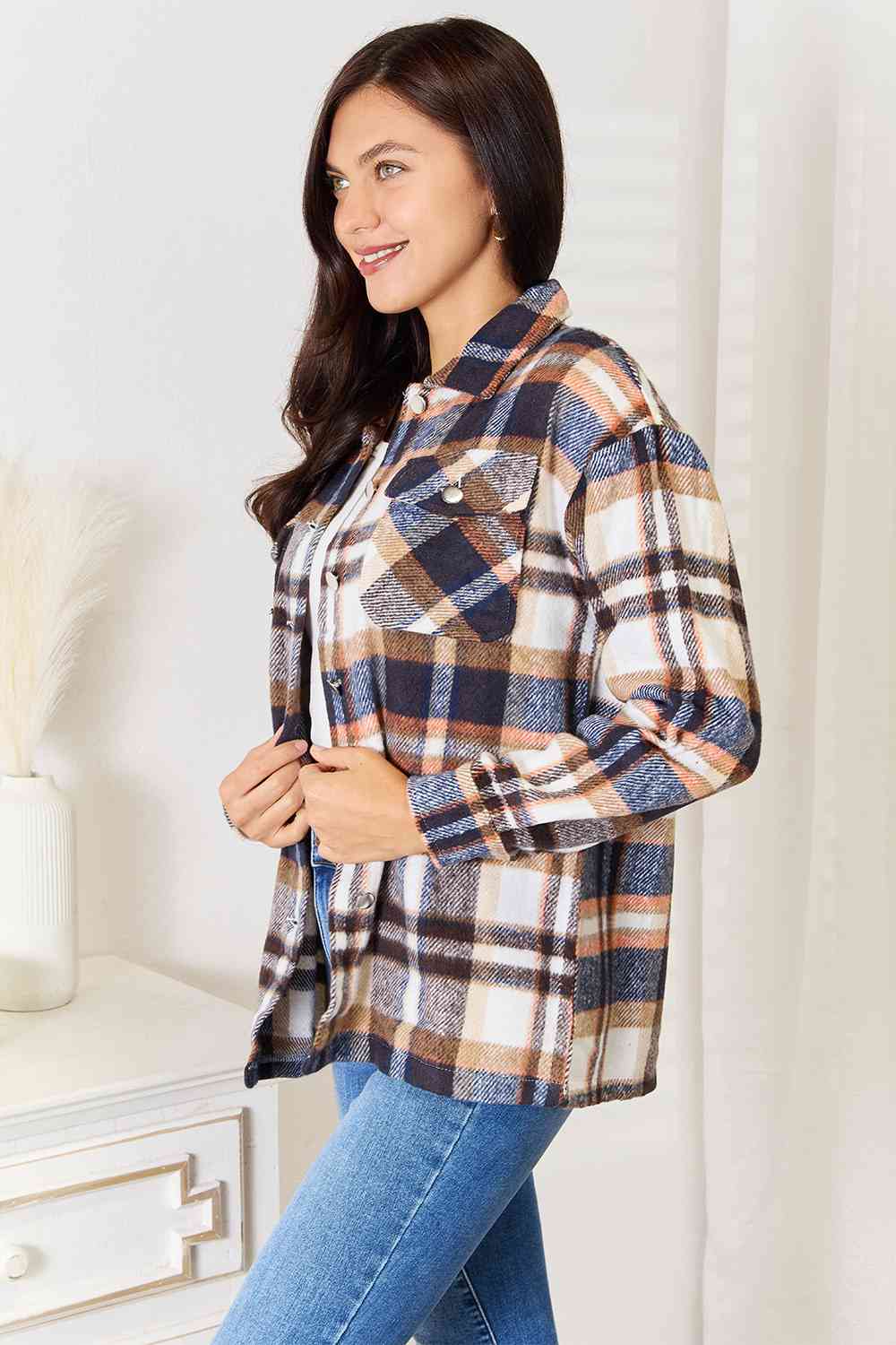 Double Take Plaid Button Front Shirt Jacket with Breast Pockets - Tigbuls Variety Fashion