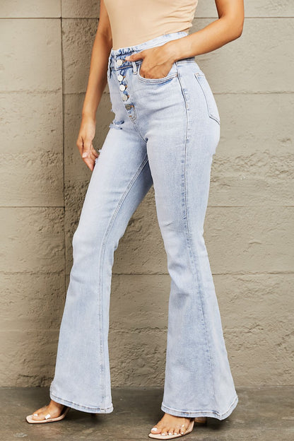 High Waisted Button Fly Flare Light Blue Jeans - Tigbul's Fashion