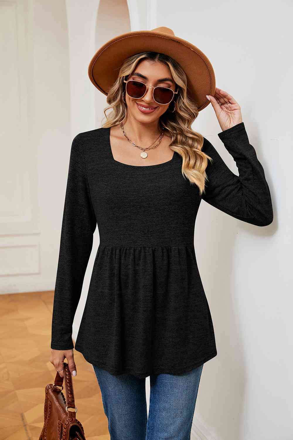 Square Neck Long Sleeve Peplum Top - Tigbuls Variety Fashion