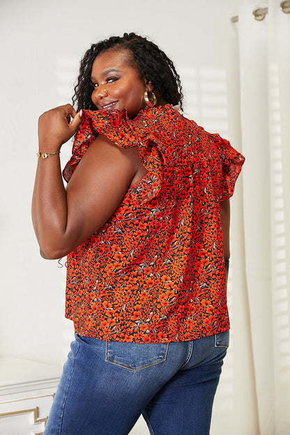 Double Take Floral Flutter Sleeve Notched Neck Blouse - Tigbuls Variety Fashion