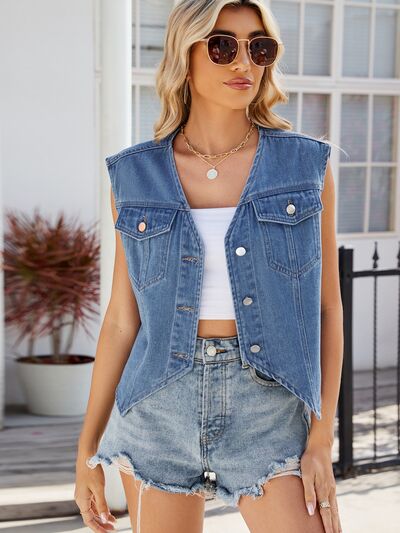 Pocketed Button Up Sleeveless Denim Jacket - Tigbuls Variety Fashion