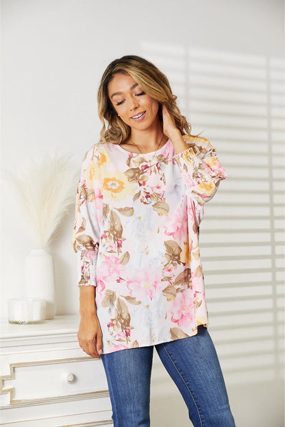 Double Take Floral Round Neck Three-Quarter Sleeve Top - Tigbuls Variety Fashion