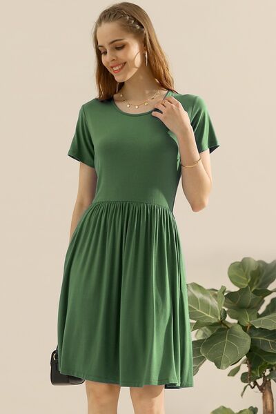 Ninexis Full Size Round Neck Ruched Dress with Pockets - Tigbuls Variety Fashion