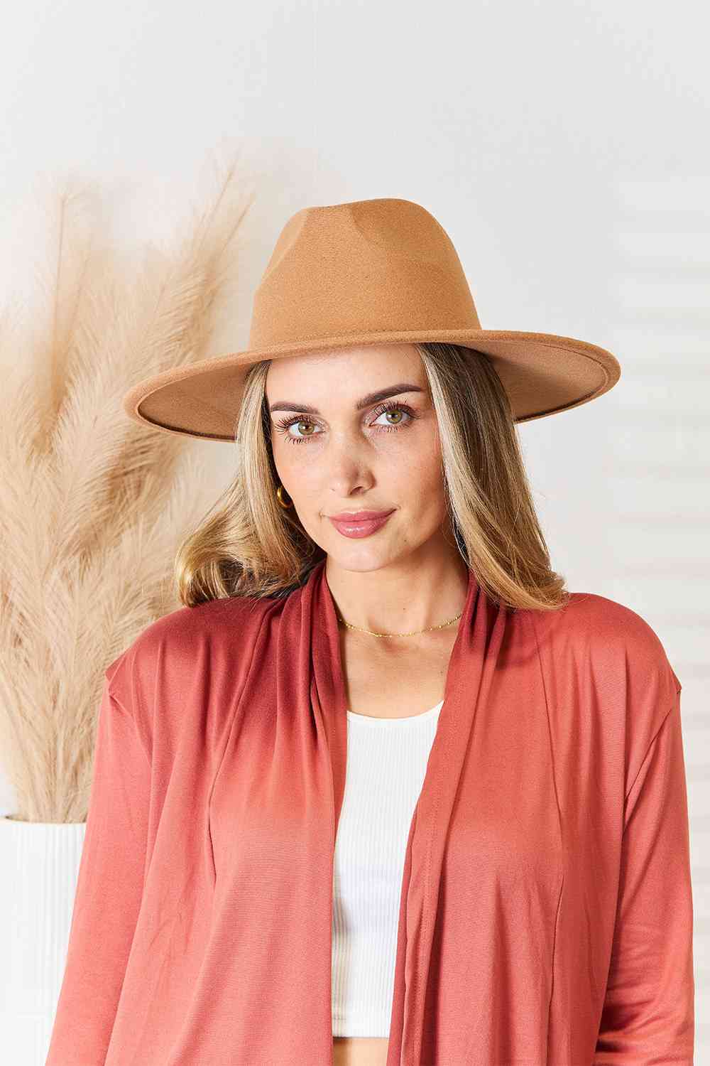 Tan Flat Brim Fedora Fashion Hat - Tigbuls Variety Fashion