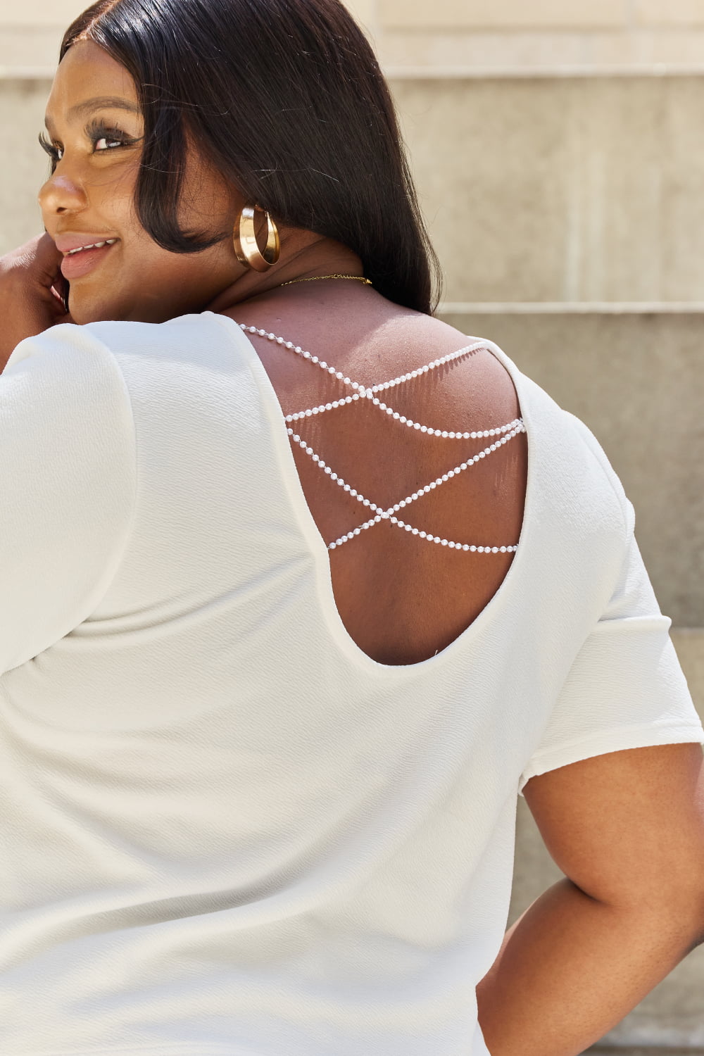 And The Why Pearly White Full Size Criss Cross Pearl Detail Open Back T-Shirt - Tigbul's Fashion