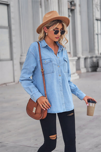 Collared Neck Dropped Shoulder Denim Top - Tigbul's Fashion