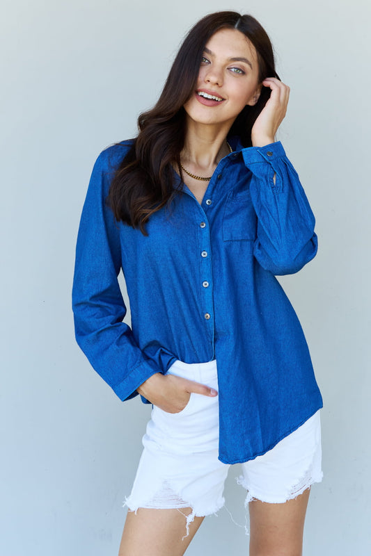 Doublju Blue Jean Baby Denim Button Down Shirt Top in Dark Blue - Tigbul's Fashion