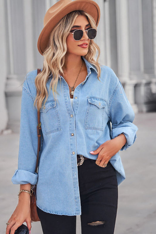 Collared Neck Dropped Shoulder Denim Top - Tigbul's Fashion