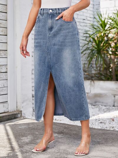 Slit Midi Denim Skirt with Pockets - Tigbuls Variety Fashion