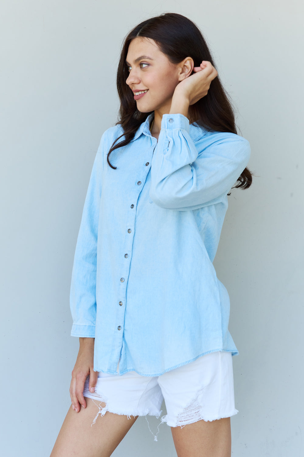Doublju Blue Jean Baby Denim Button Down Shirt Top in Light Blue - Tigbul's Fashion