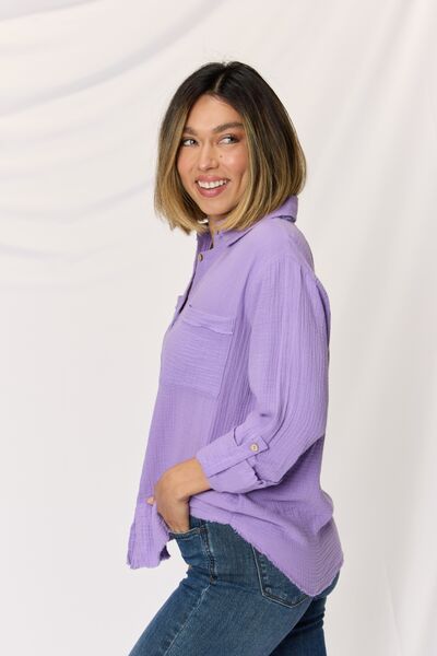 Zenana Texture Button Up Raw Hem Long Sleeve Shirt - Tigbuls Variety Fashion