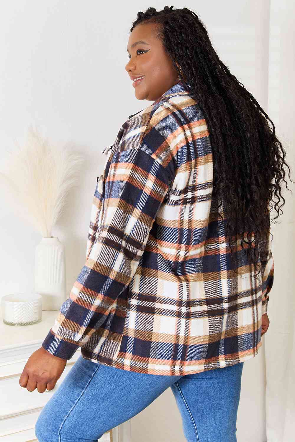 Double Take Plaid Button Front Shirt Jacket with Breast Pockets - Tigbuls Variety Fashion