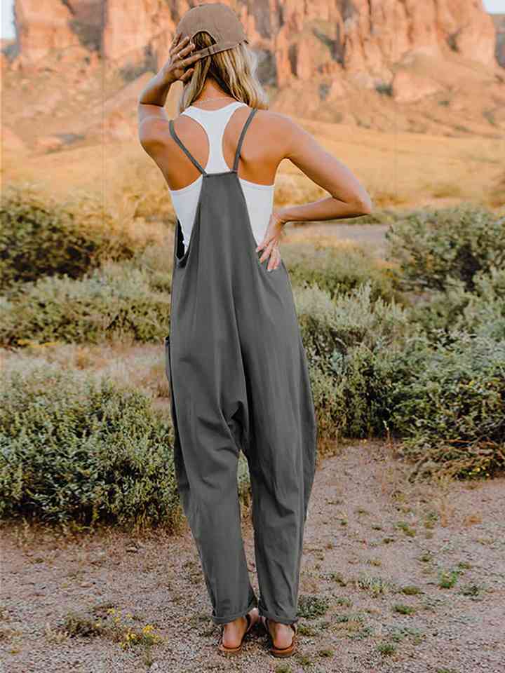 Dropped-Crotch Sleeveless V-Neck Pocketed Jumpsuit - Tigbuls Variety Fashion